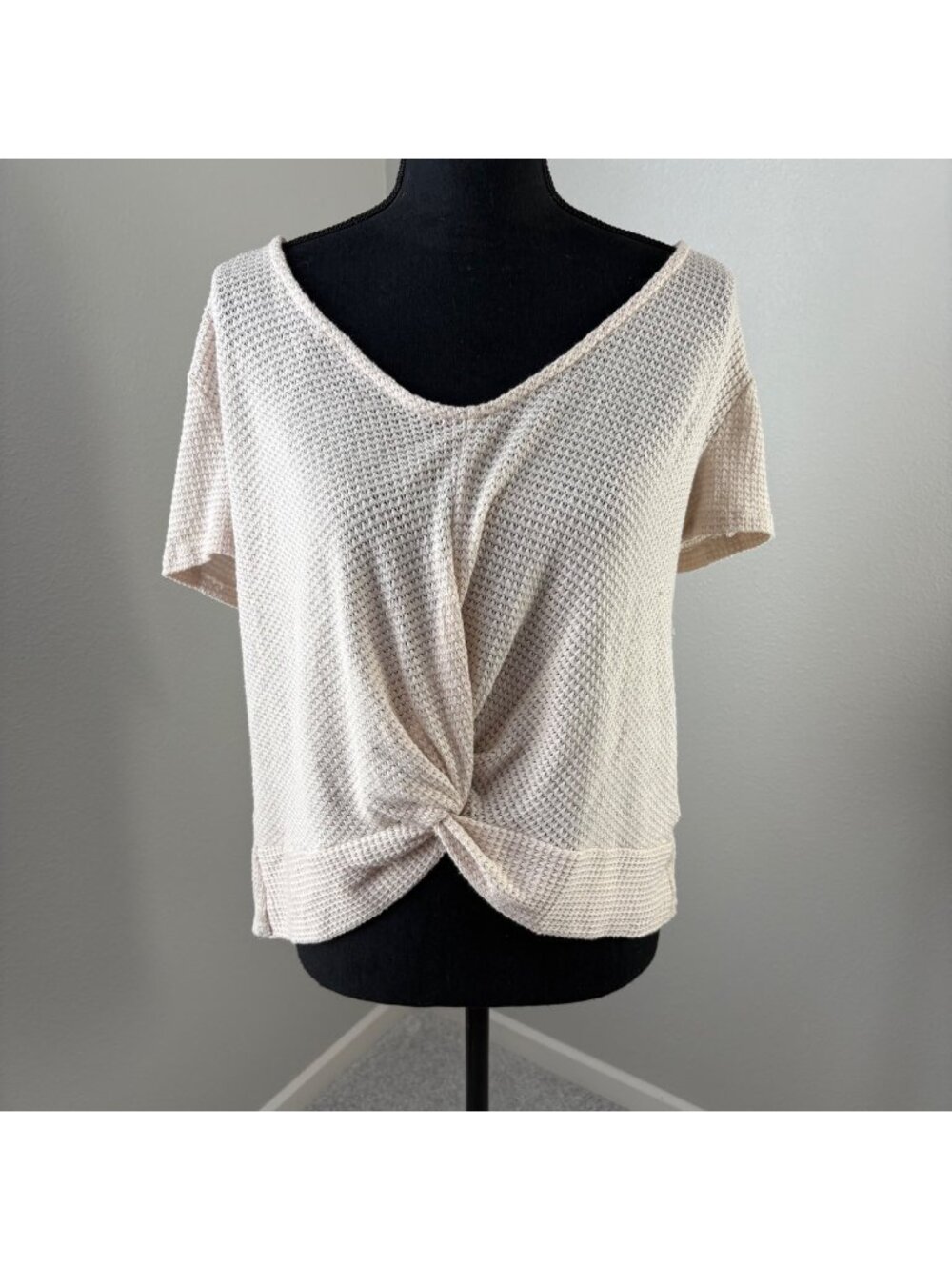 Alya Blouse Womens Large Waffle Tie Back Accent Beige Purple Francescas